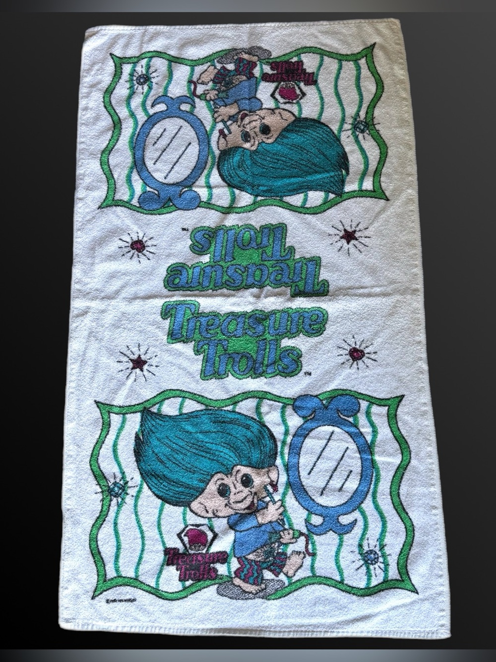 1990s Cannon Treasure Trolls Bath Beach Towel Blue Teal Hair Troll Doll 90s USA